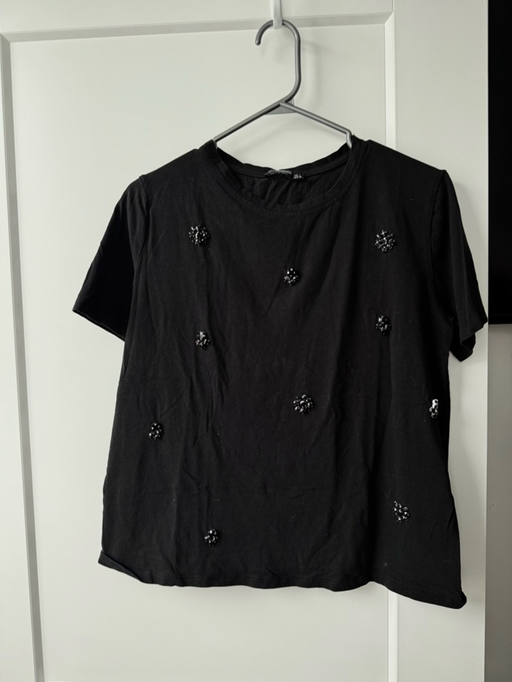 Black Beaded Short Sleeve Women's Top